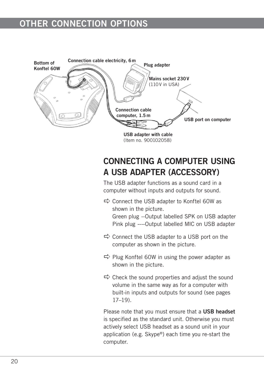 Konftel 60W manual Other connection options, Connecting a computer using a USB Adapter accessory 