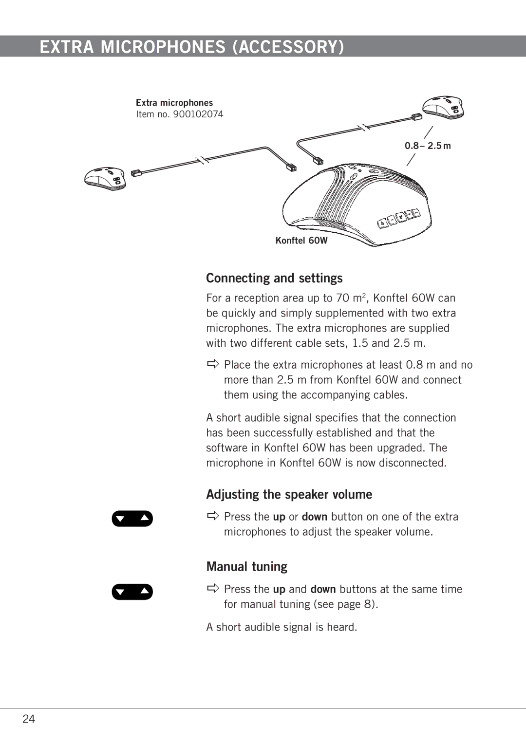 Konftel 60W manual Extra microphones accessory, Connecting and settings, Manual tuning 