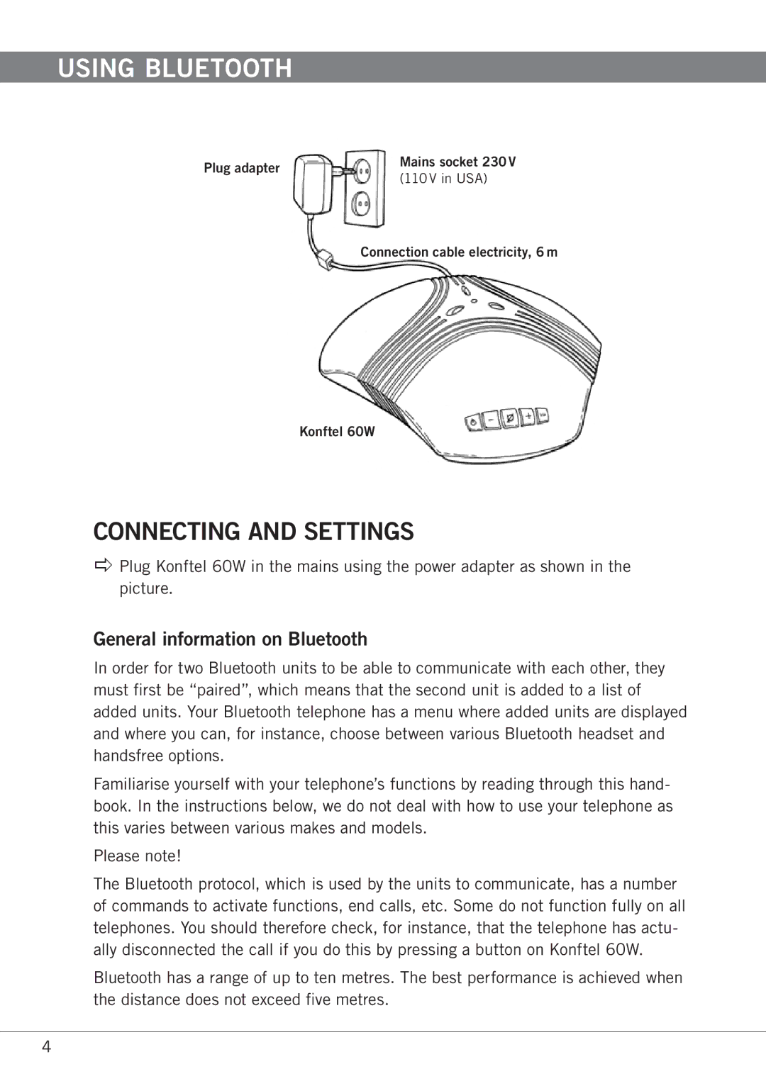 Konftel 60W manual Using Bluetooth, Connecting and settings, General information on Bluetooth 