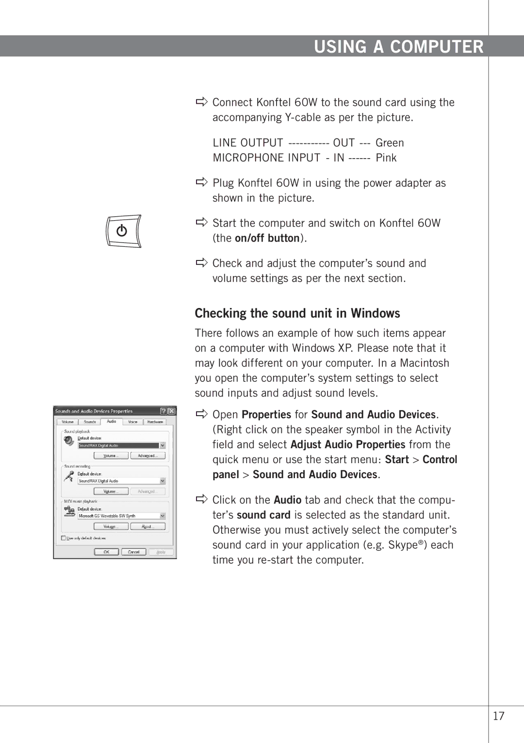 Konftel 60W manual Using a Computer, Checking the sound unit in Windows 