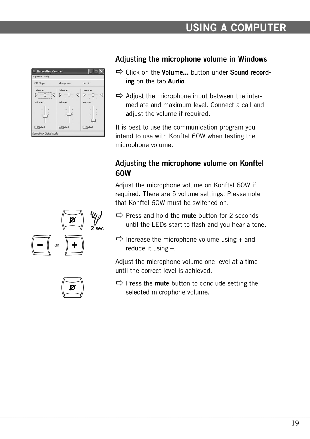 Konftel manual Adjusting the microphone volume in Windows, Adjusting the microphone volume on Konftel 60W 