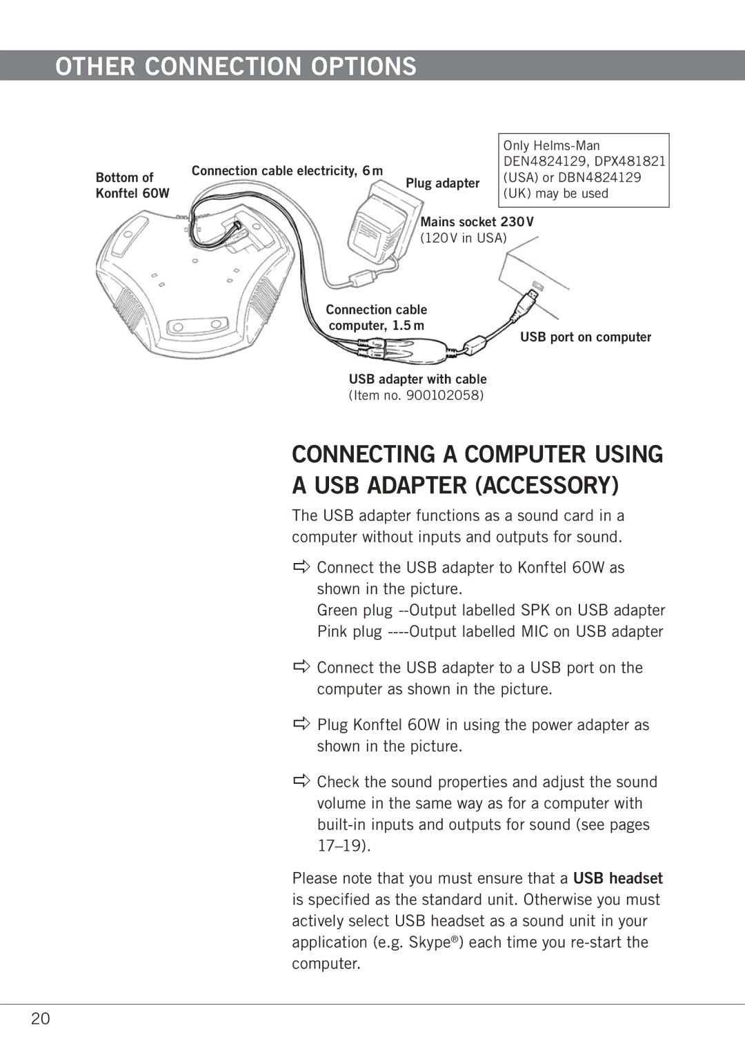 Konftel 60W manual Other Connection Options, Connecting a Computer Using a USB Adapter Accessory 