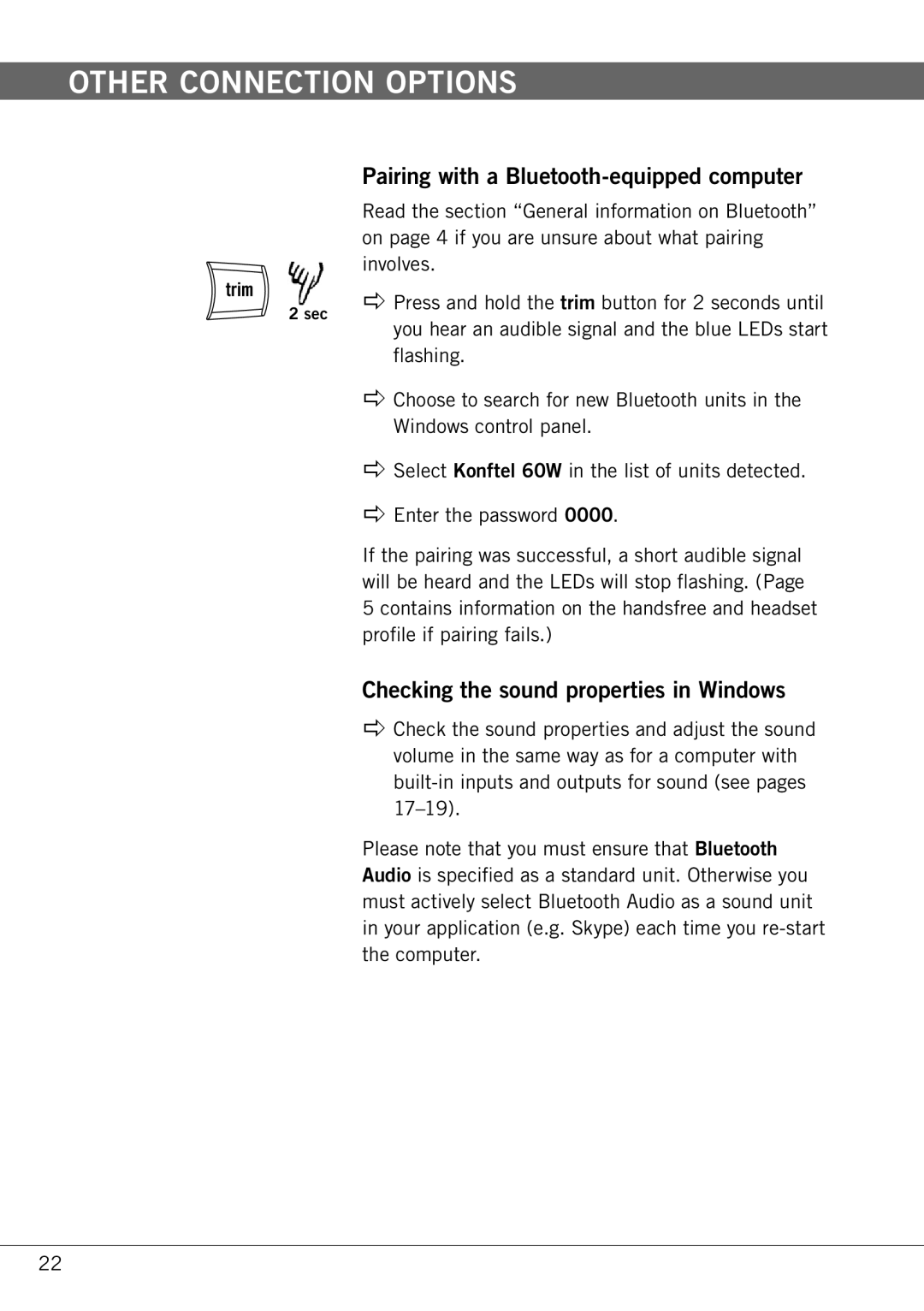 Konftel 60W manual Checking the sound properties in Windows, Pairing with a Bluetooth-equipped computer 
