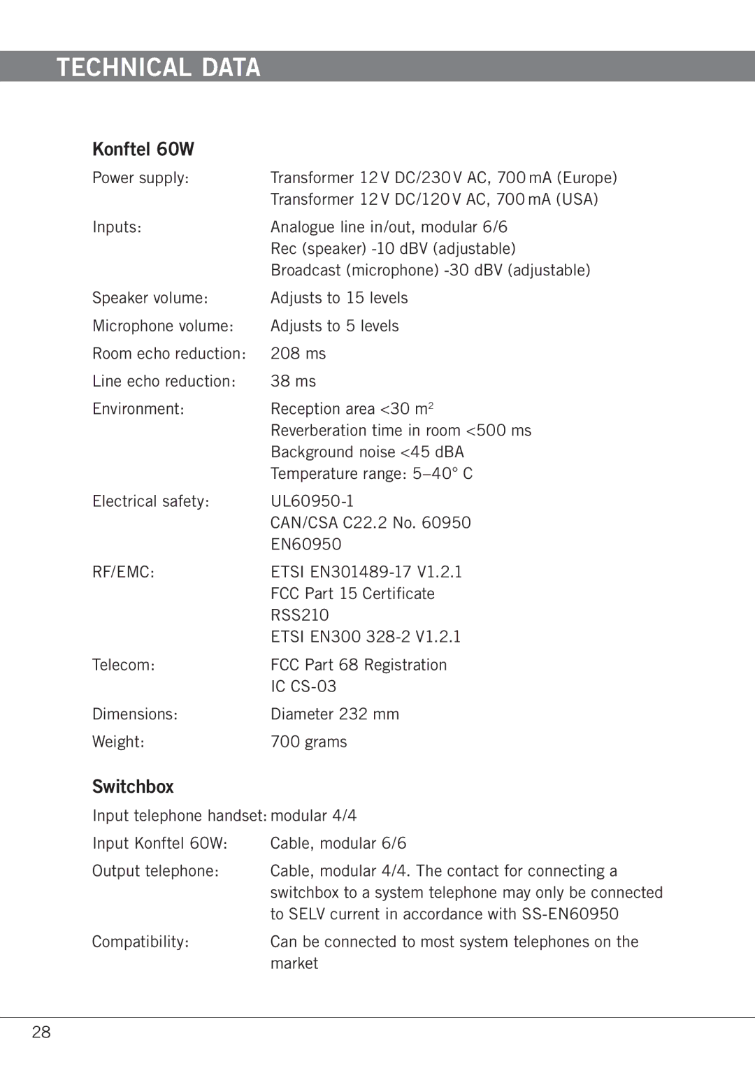 Konftel manual Technical Data, Konftel 60W, Switchbox 