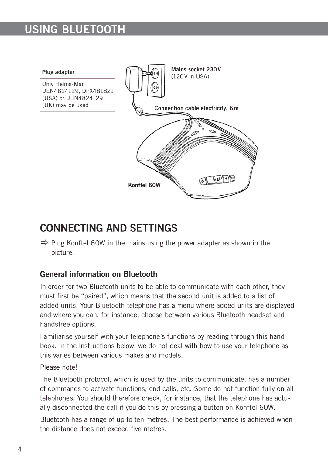 Konftel 60W manual Using Bluetooth, Connecting and Settings, General information on Bluetooth 