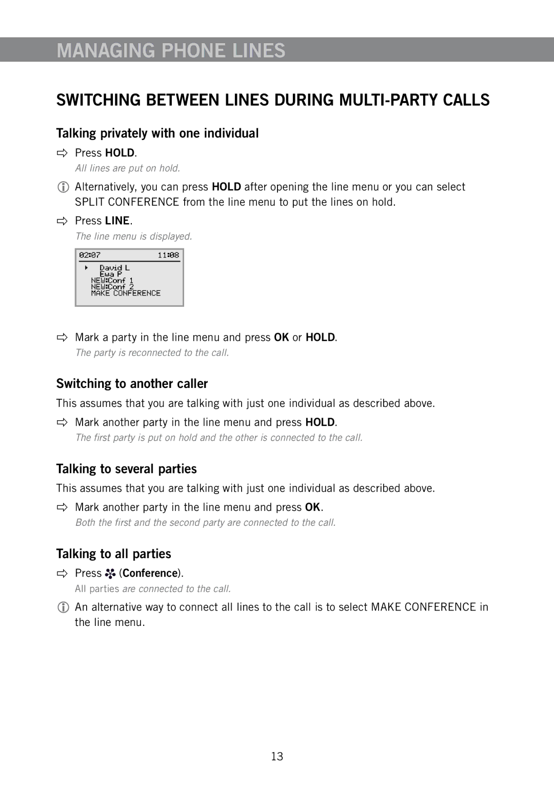 Konftel 910101063 manual Managing Phone Lines, Switching Between Lines During MULTI-PARTY Calls 