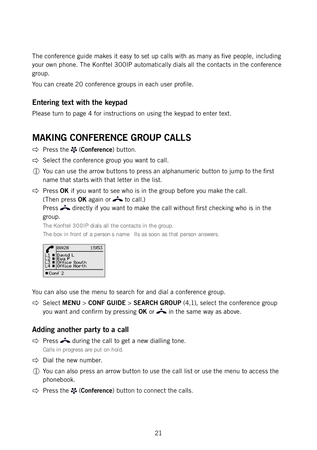 Konftel 910101063 manual Conference Guide, Entering text with the keypad, Adding another party to a call 