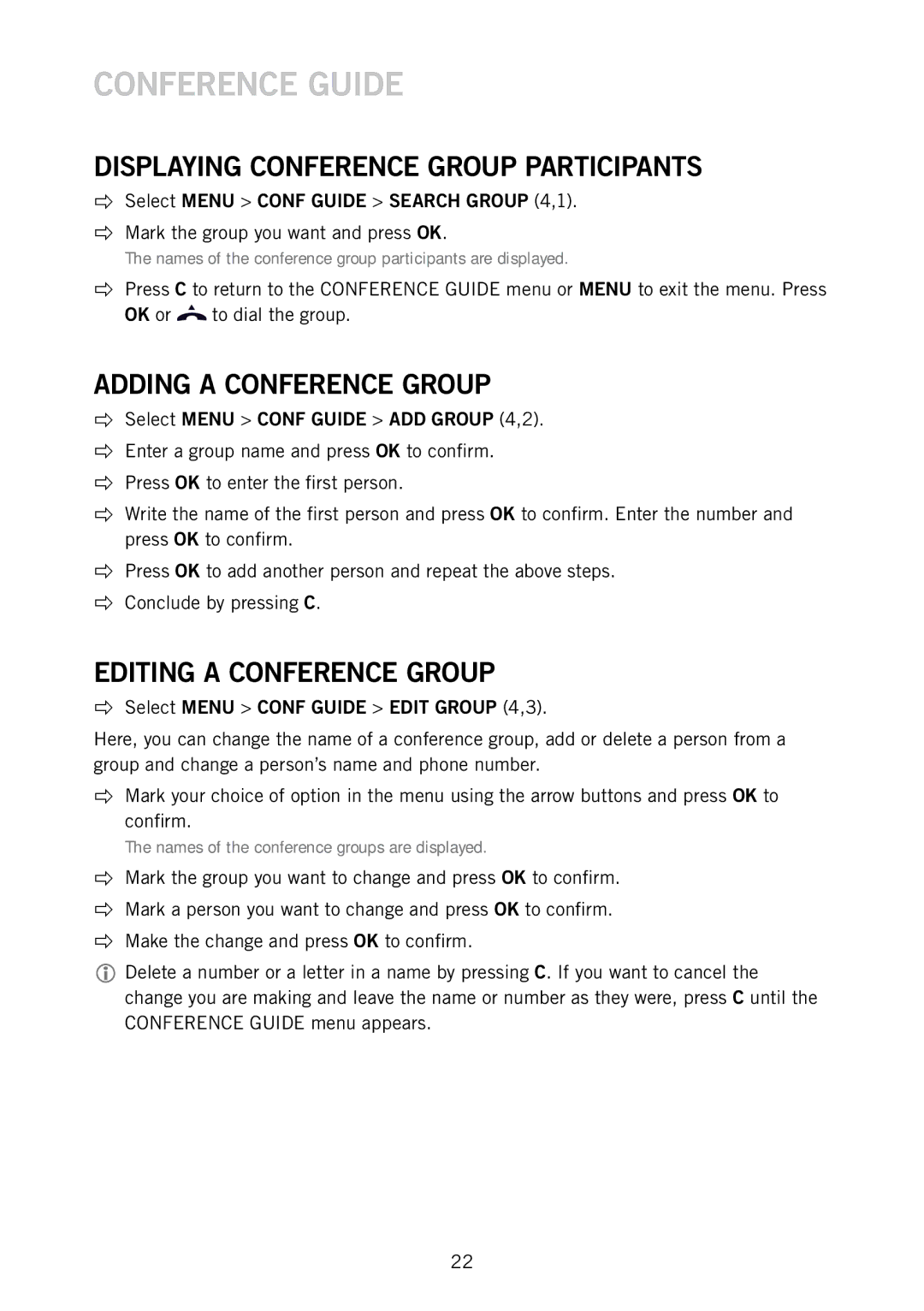 Konftel 910101063 manual Conference Guide, Displaying Conference Group Participants, Adding a Conference Group 