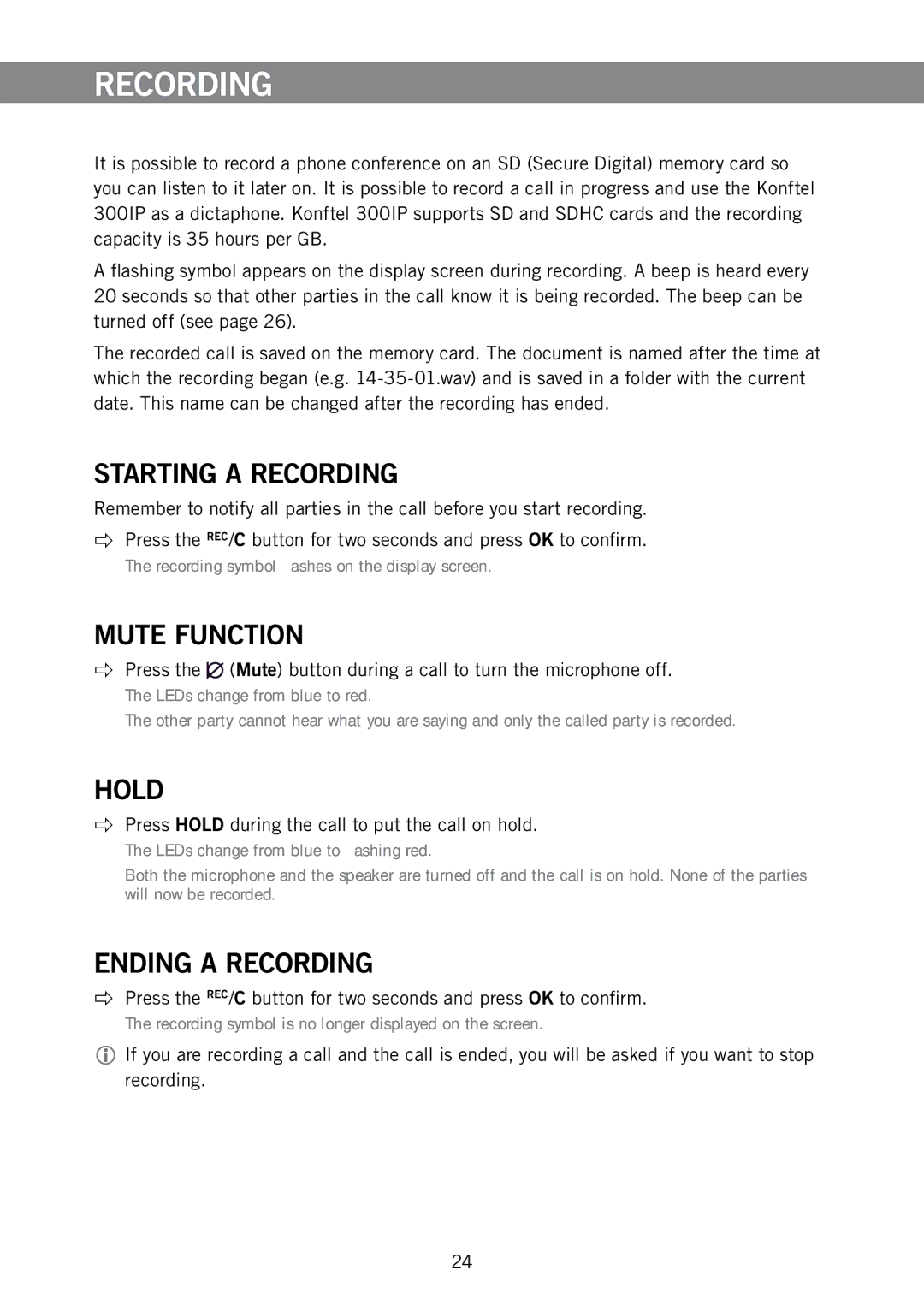 Konftel 910101063 manual Starting a Recording, Mute Function, Hold, Ending a Recording 