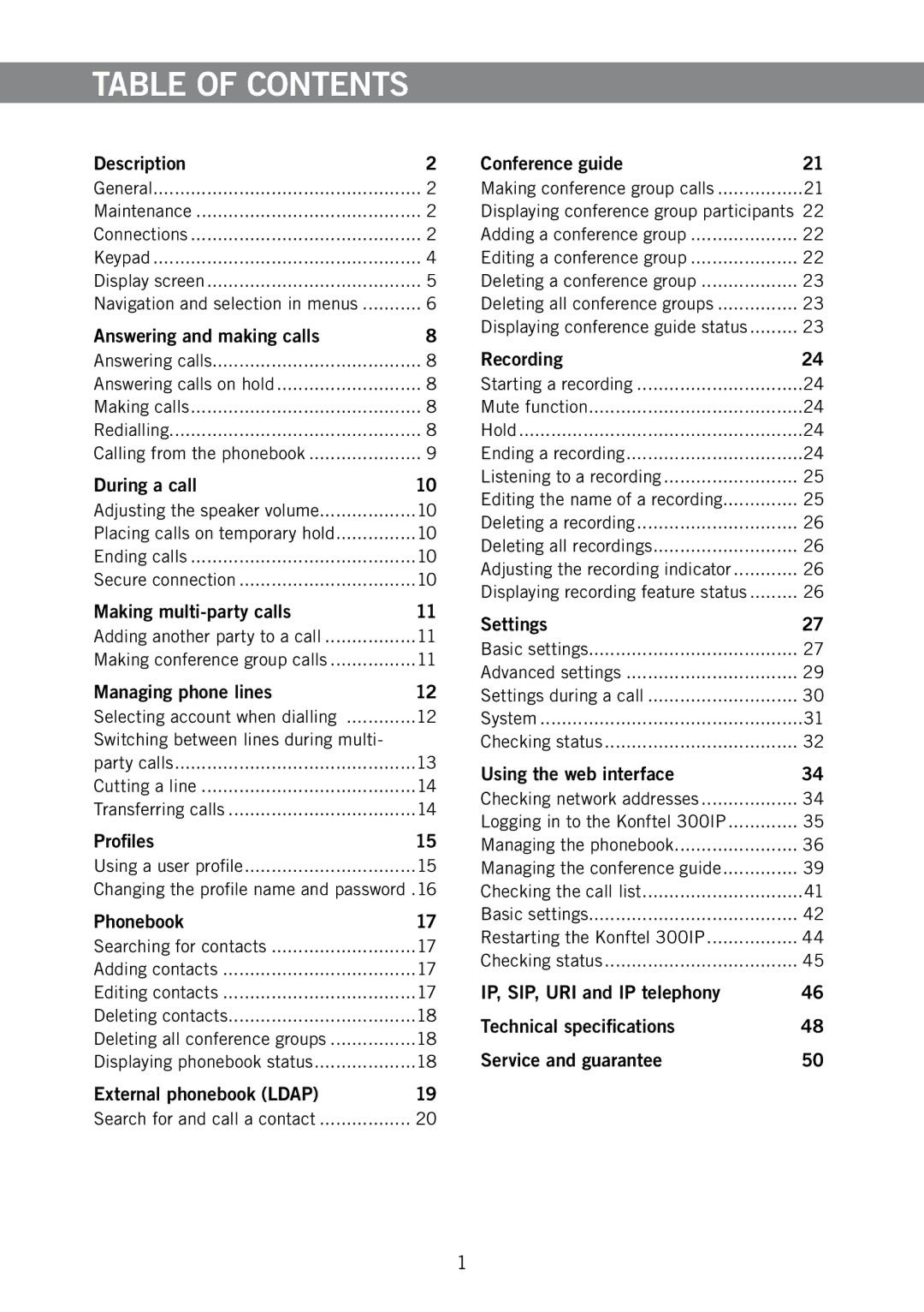 Konftel 910101063 manual Table of Contents 