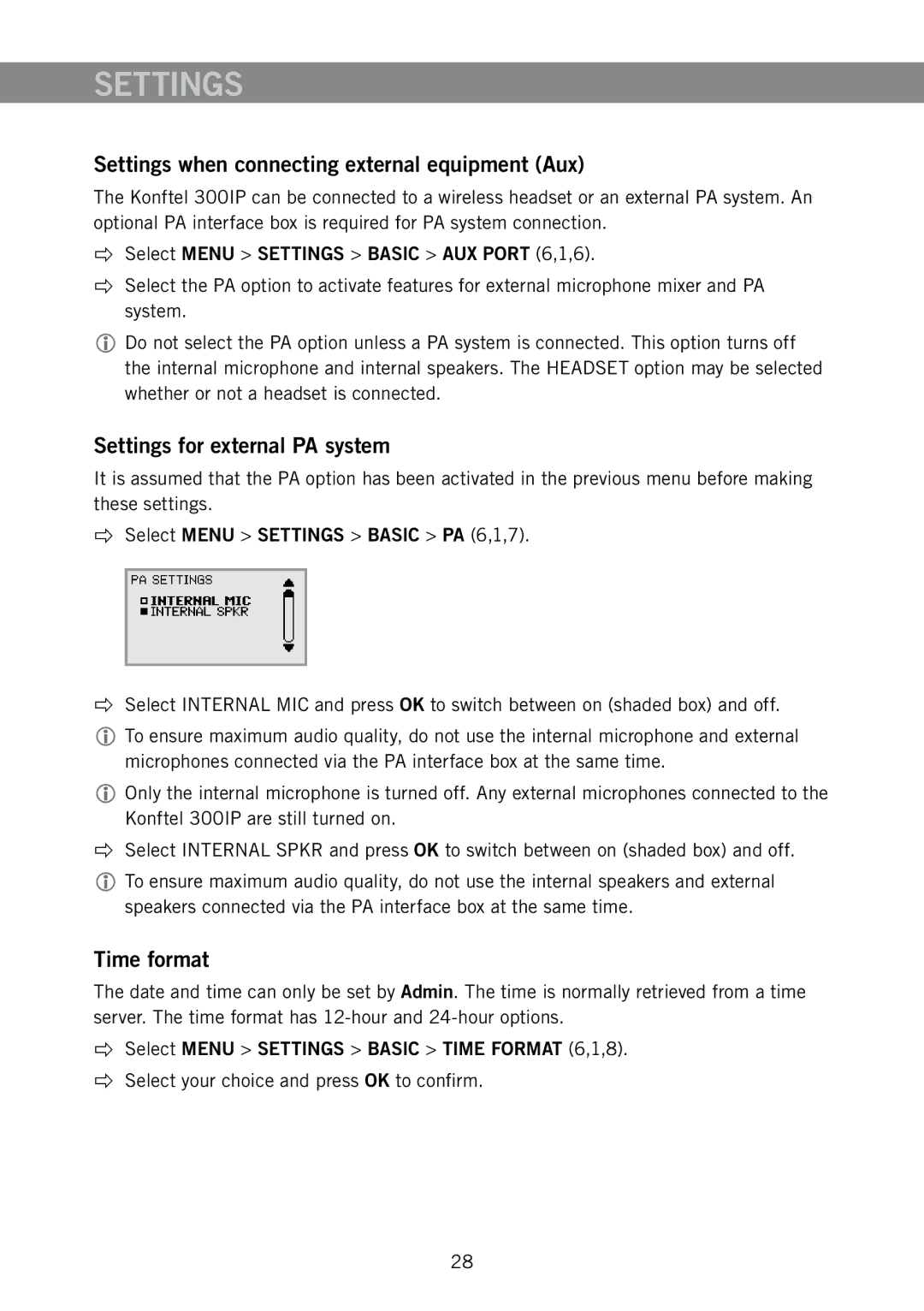 Konftel 910101063 manual Settings when connecting external equipment Aux, Settings for external PA system, Time format 