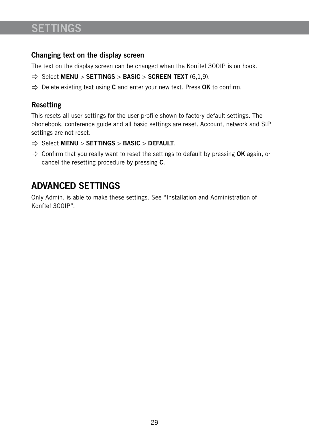 Konftel 910101063 manual Advanced Settings, Changing text on the display screen, Resetting 