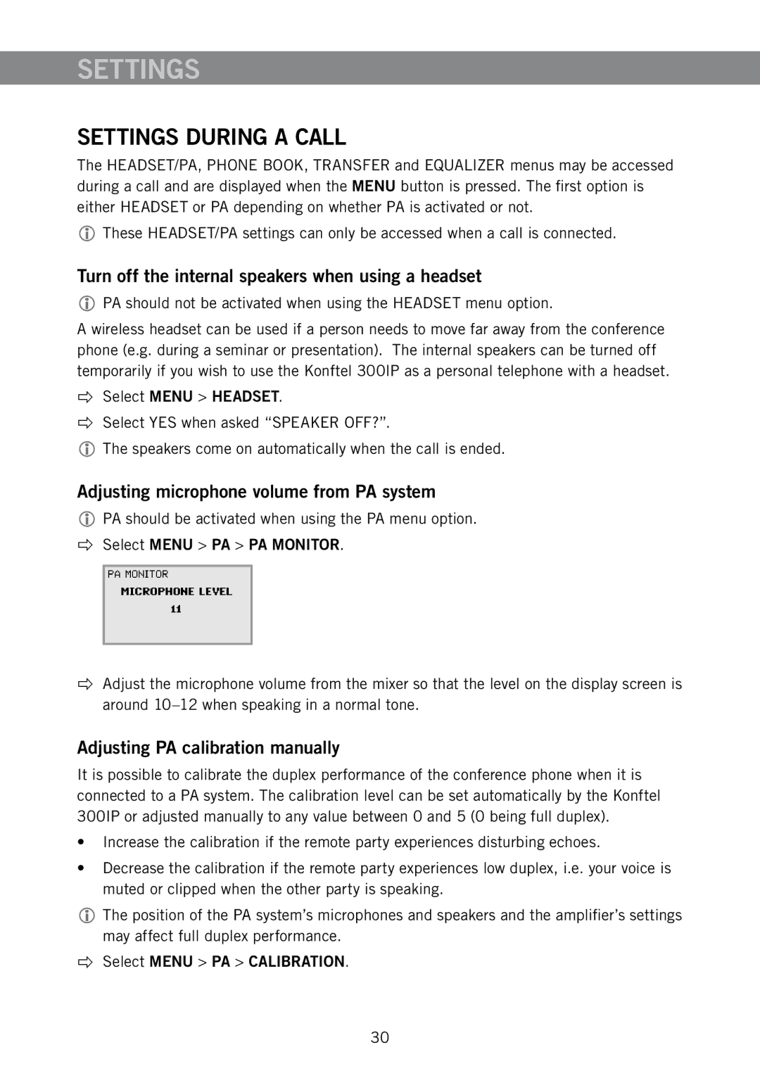 Konftel 910101063 manual Settings During a Call, Turn off the internal speakers when using a headset 