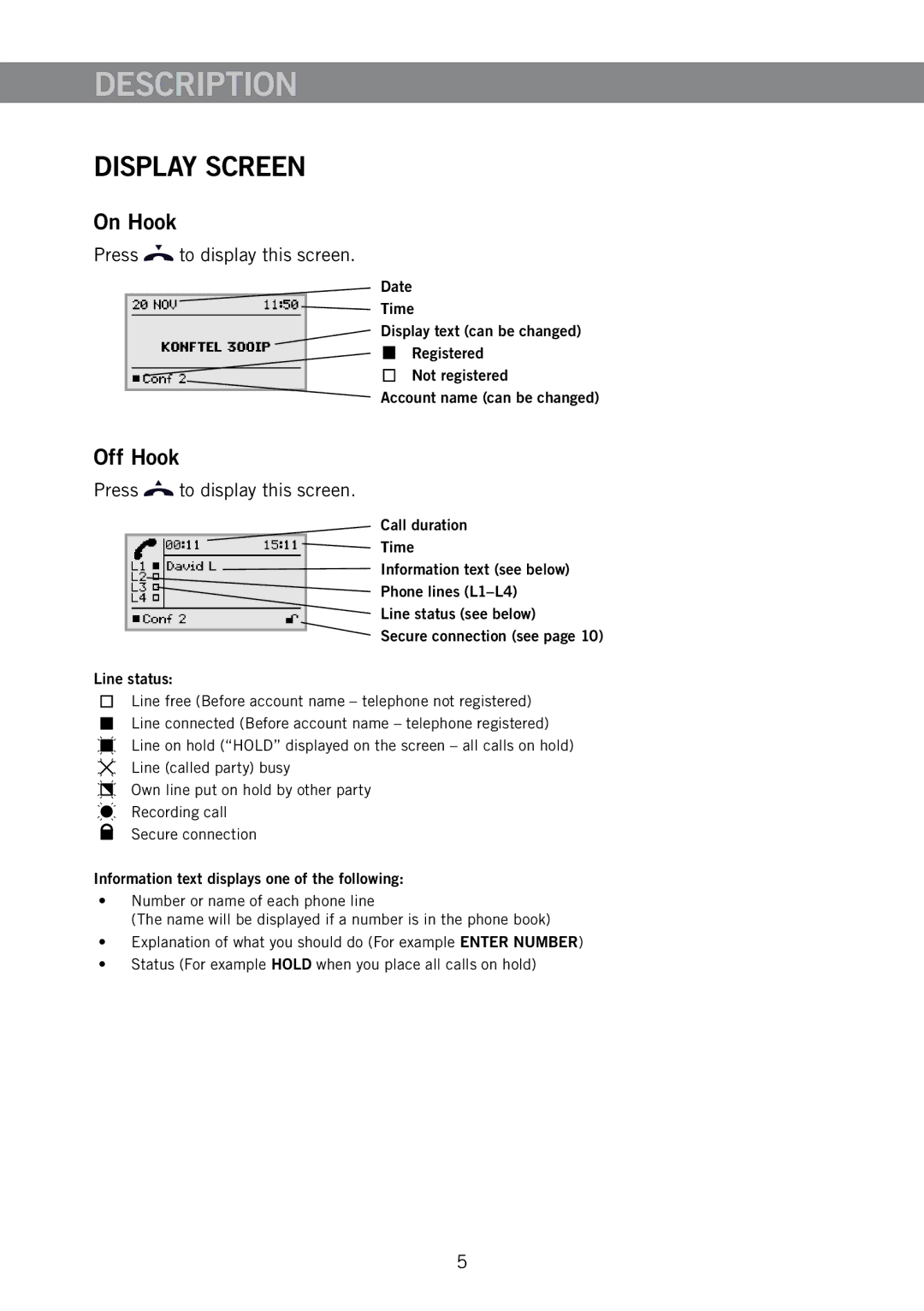 Konftel 910101063 manual Display Screen, On Hook, Off Hook, Press to display this screen 