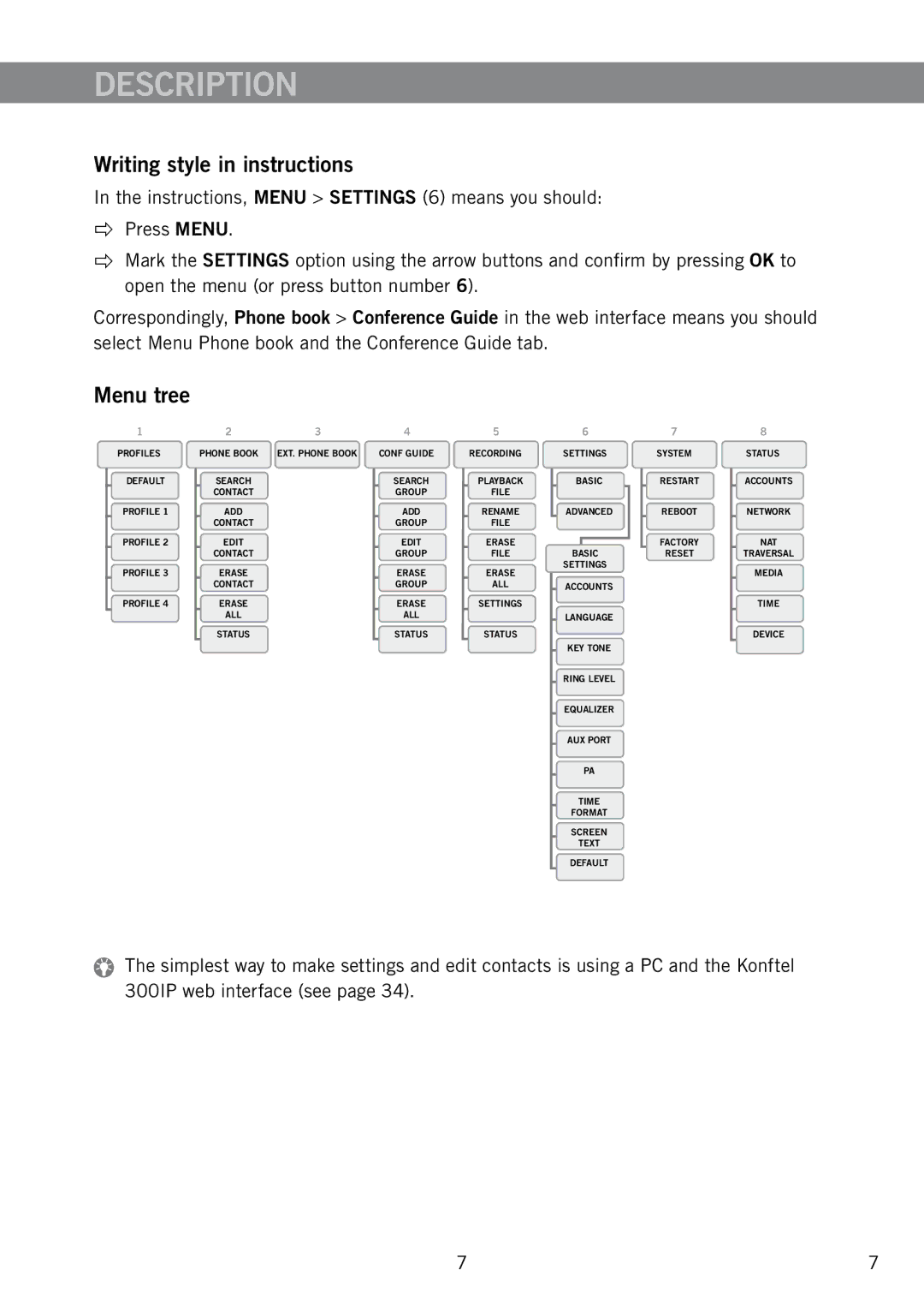 Konftel 910101063 manual Writing style in instructions, Menu tree 