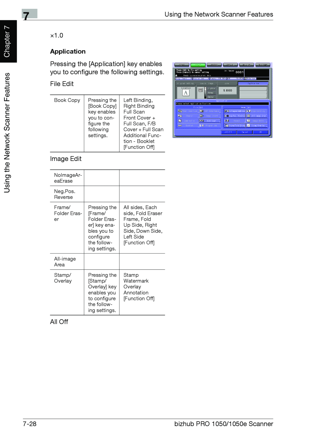 Konica Minolta 1050E Chapter, Using the Network Scanner Features, Application, 7-28, bizhub PRO 1050/1050e Scanner 