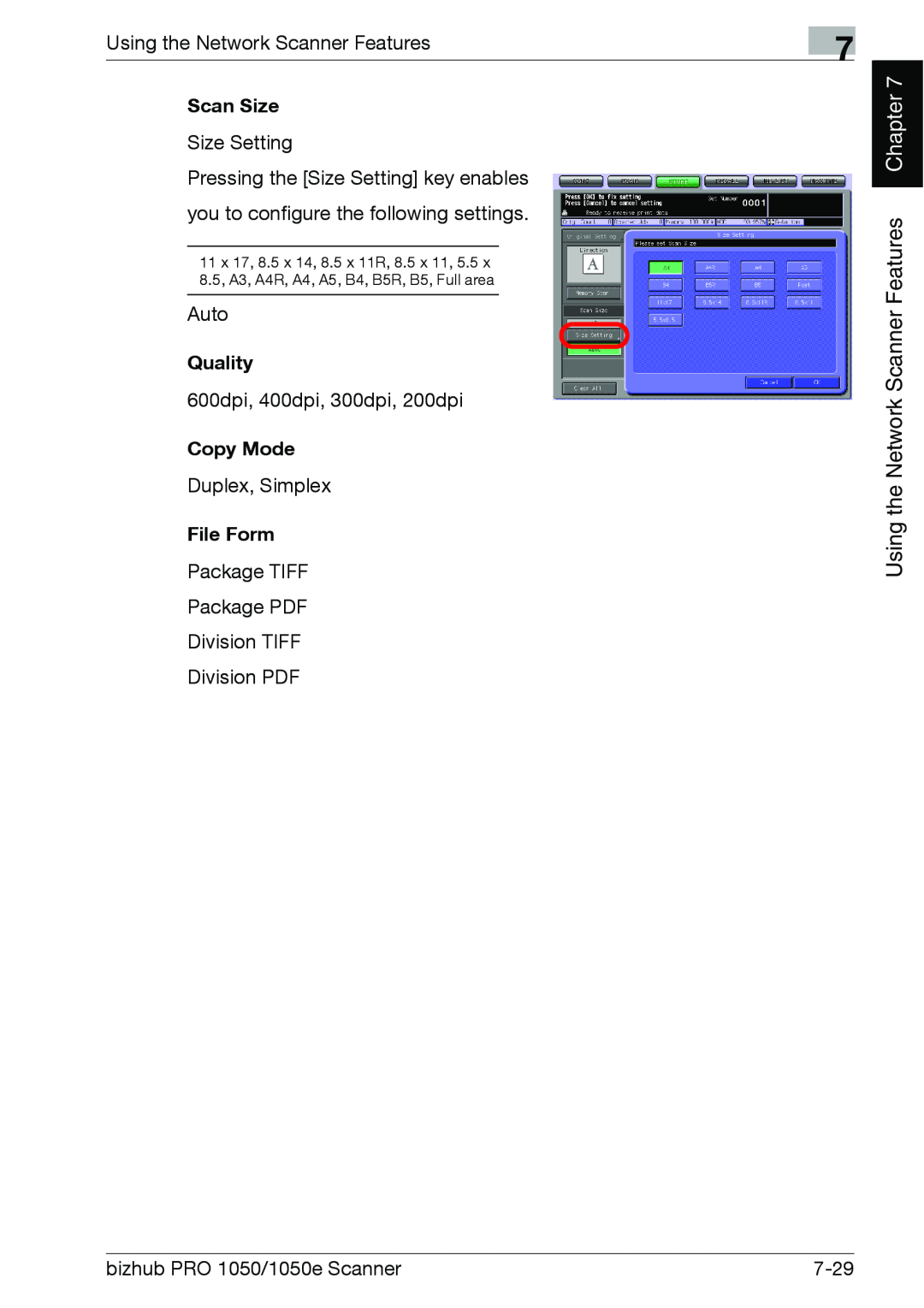 Konica Minolta 1050E appendix Quality, File Form, Chapter, Using the Network Scanner Features, Scan Size, Copy Mode 