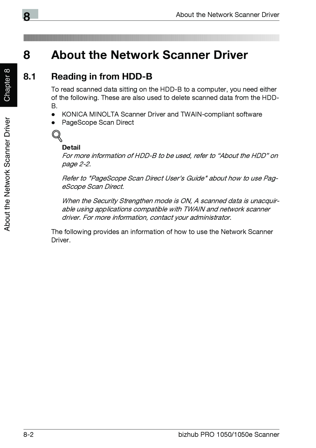 Konica Minolta 1050E appendix 8.1Reading in from HDD-B, About the Network Scanner Driver, Chapter, Detail 