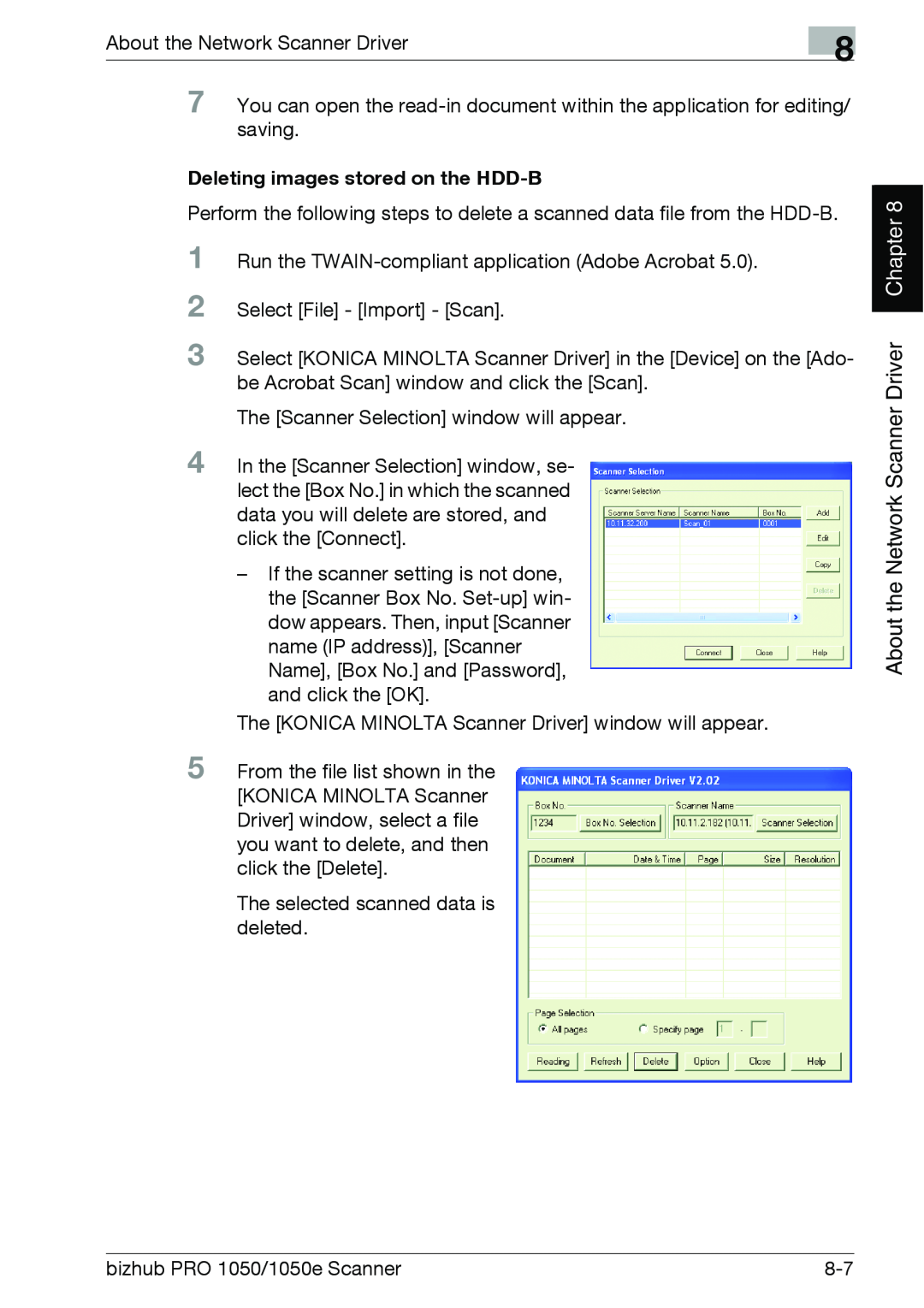 Konica Minolta 1050E appendix Deleting images stored on the HDD-B, Chapter, About the Network Scanner Driver 