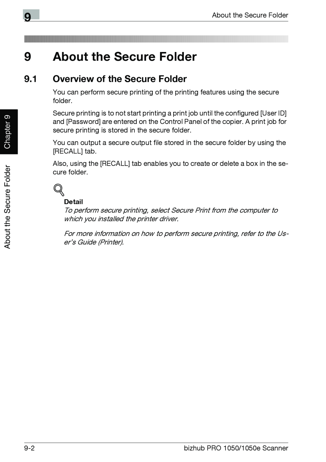 Konica Minolta 1050E appendix About the Secure Folder, 9.1Overview of the Secure Folder, Chapter, Detail 