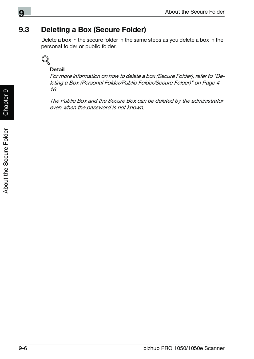 Konica Minolta 1050E appendix 9.3Deleting a Box Secure Folder, Chapter, About the Secure Folder, Detail 