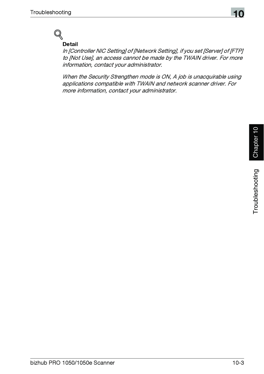 Konica Minolta 1050E appendix Chapter, Troubleshooting, Detail, bizhub PRO 1050/1050e Scanner, 10-3 