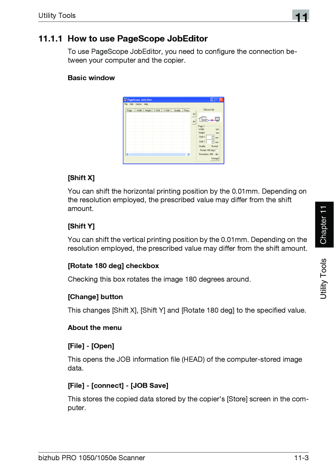 Konica Minolta 1050E How to use PageScope JobEditor, Basic window, Shift Y, Rotate 180 deg checkbox, Change button 