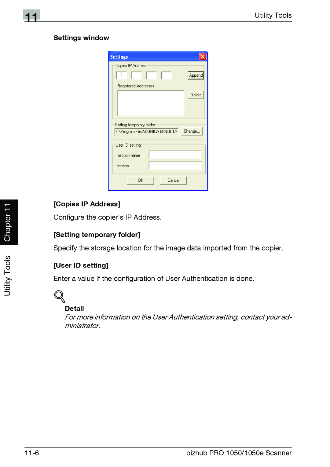 Konica Minolta 1050 Settings window, Copies IP Address, Setting temporary folder, User ID setting, Chapter, Utility Tools 