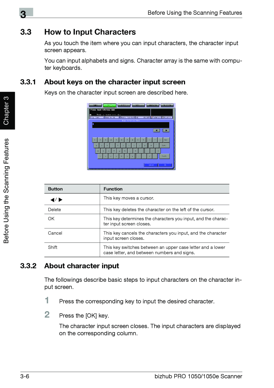 Konica Minolta 1050 3.3How to Input Characters, 3.3.1About keys on the character input screen, 3.3.2About character input 