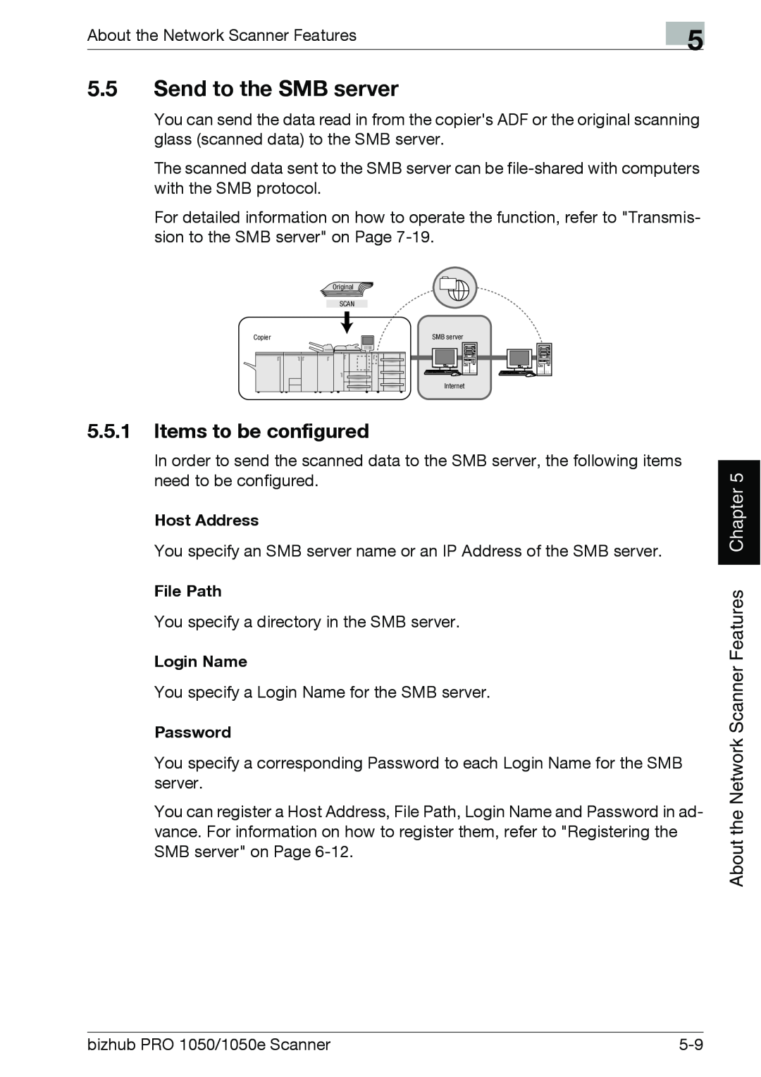 Konica Minolta 1050E 5.5Send to the SMB server, 5.5.1Items to be configured, Chapter, About the Network Scanner Features 