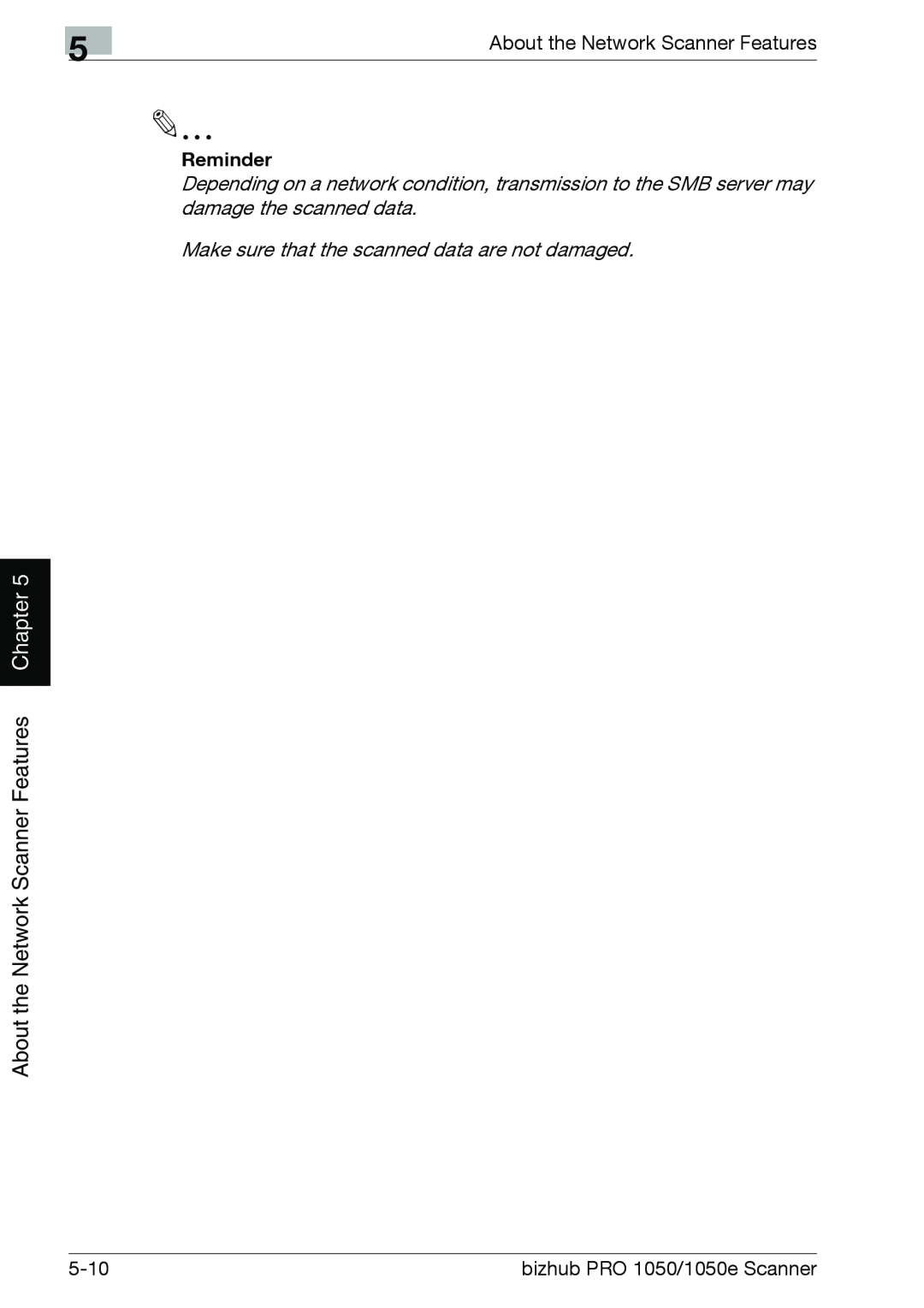 Konica Minolta 1050E appendix Chapter, About the Network Scanner Features, Reminder, 5-10, bizhub PRO 1050/1050e Scanner 