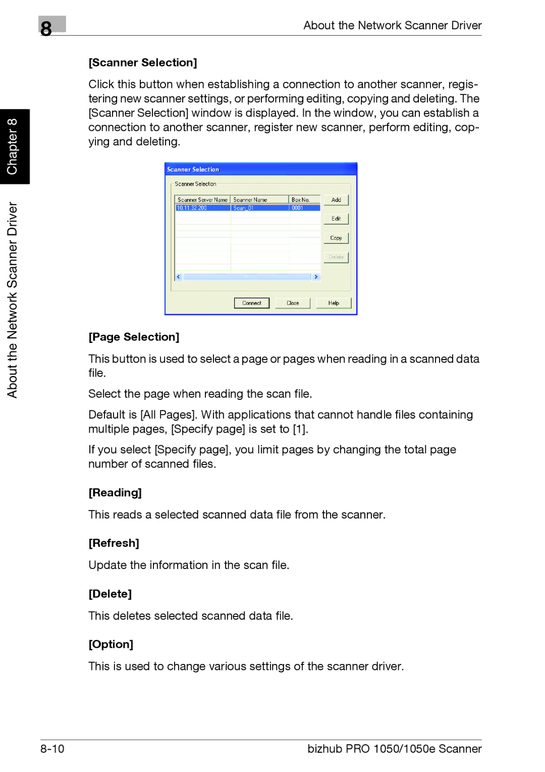 Konica Minolta 1050E appendix Scanner Selection, Reading, Refresh, Delete, Option 