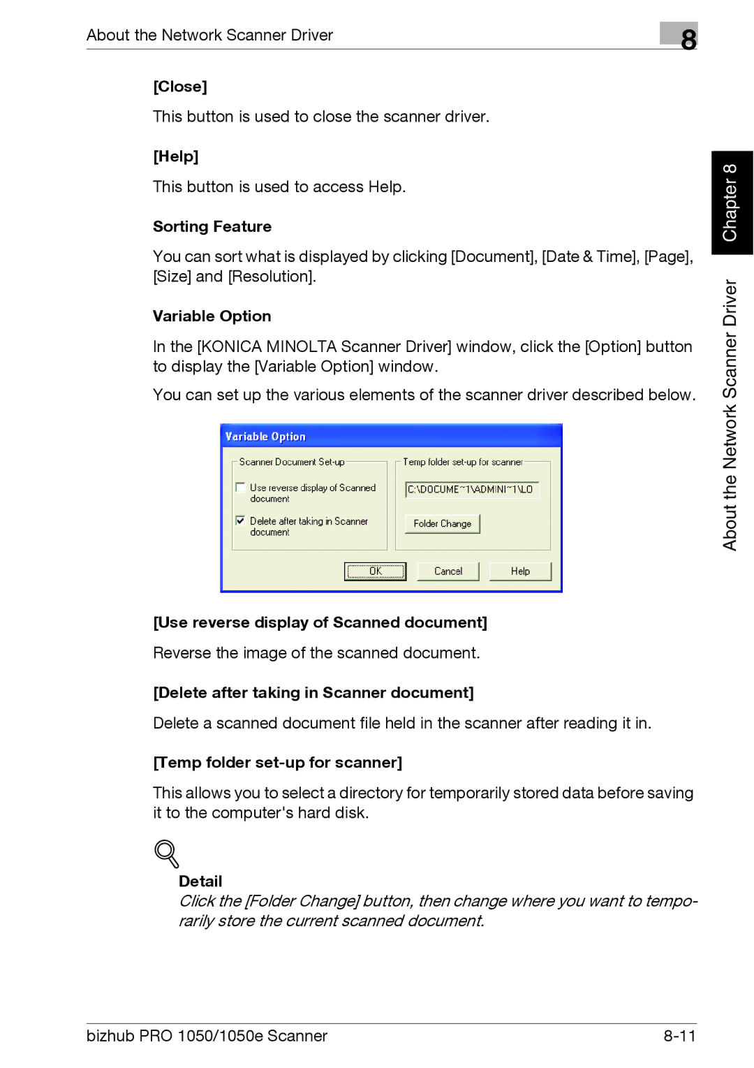 Konica Minolta 1050E appendix Close, Help, Sorting Feature, Variable Option, Use reverse display of Scanned document 