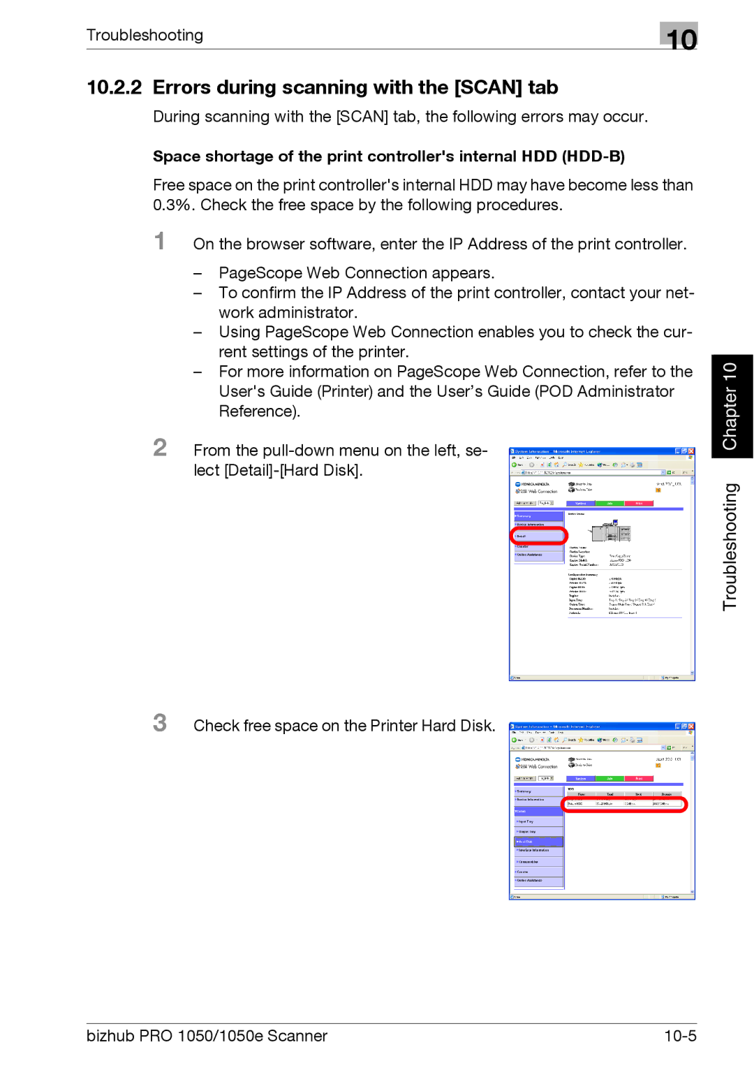 Konica Minolta 1050E Errors during scanning with the Scan tab, Space shortage of the print controllers internal HDD HDD-B 