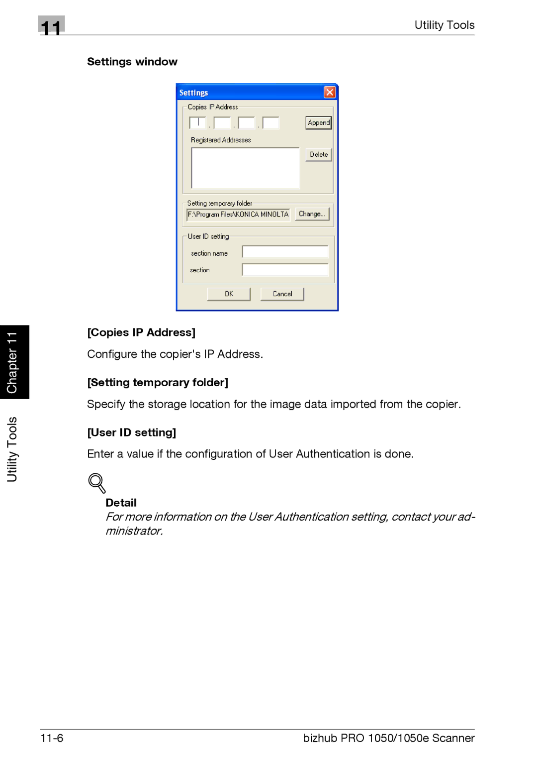 Konica Minolta 1050E appendix Settings window, Copies IP Address, Setting temporary folder, User ID setting 