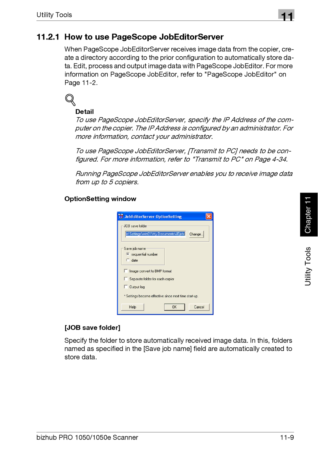 Konica Minolta 1050E appendix How to use PageScope JobEditorServer, OptionSetting window11 Chapter, JOB save folder 