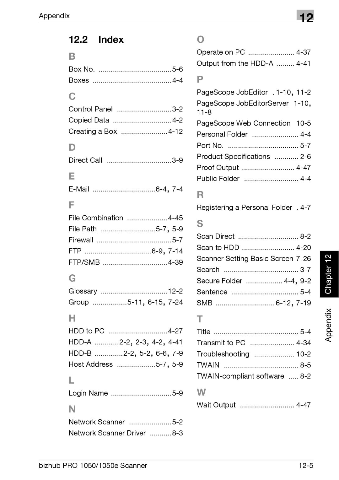 Konica Minolta 1050E appendix Index, Ftp 