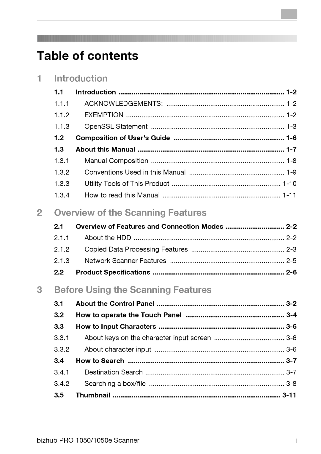 Konica Minolta 1050E appendix Table of contents 