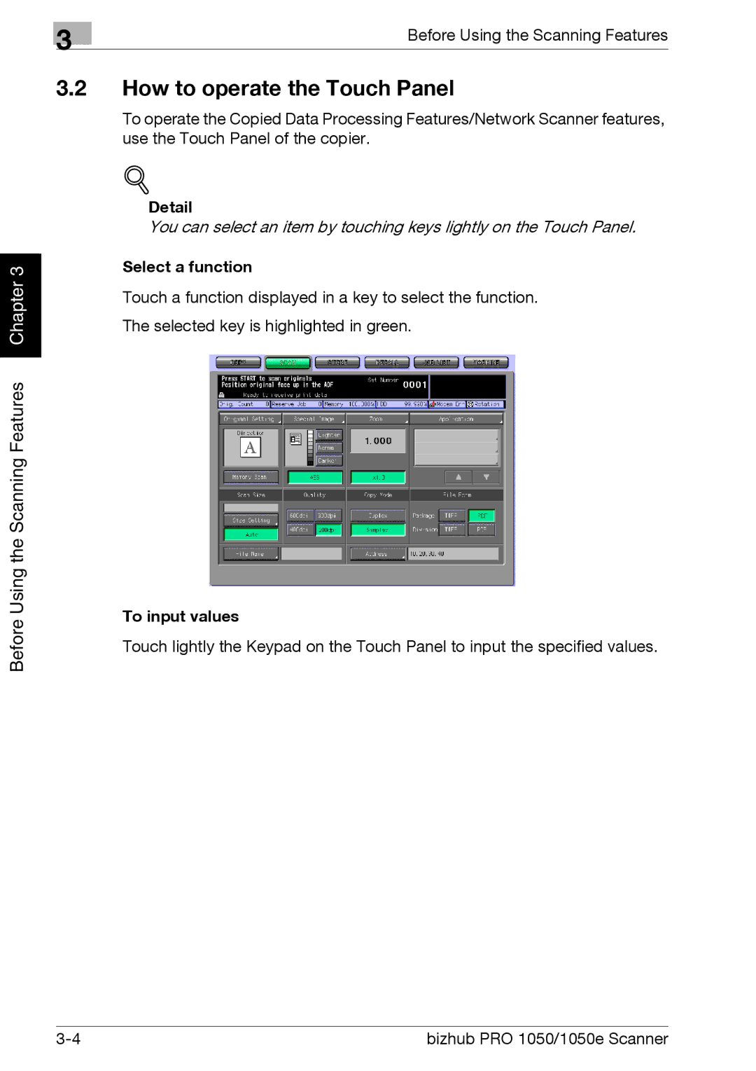 Konica Minolta 1050E appendix How to operate the Touch Panel, Select a function, To input values 