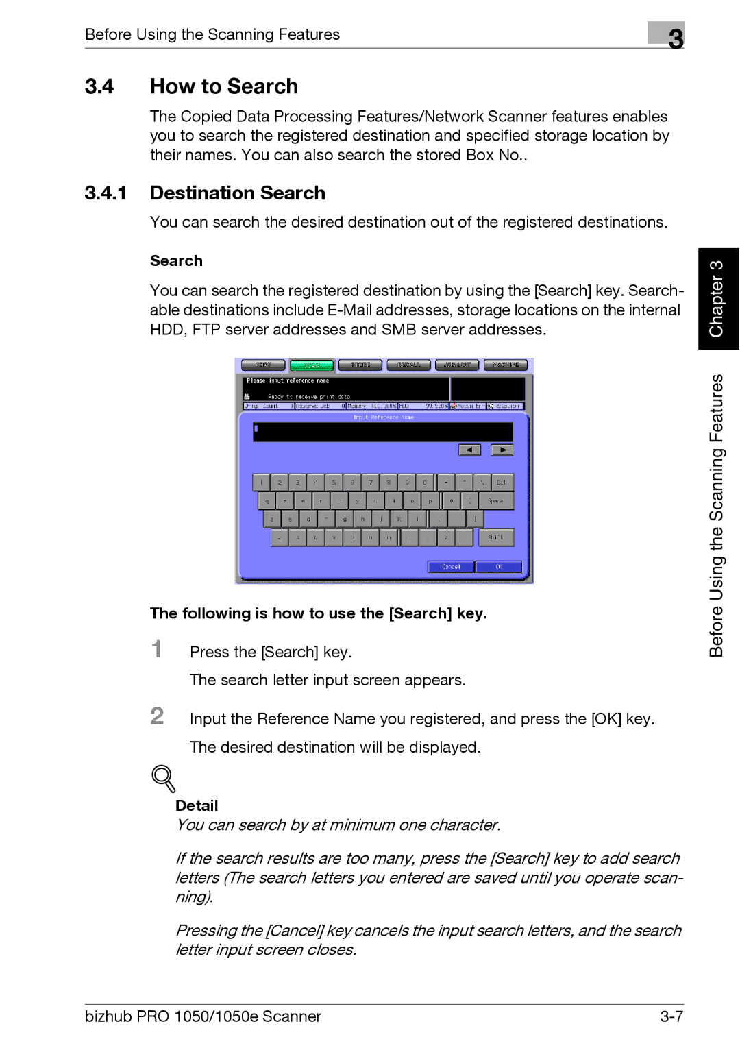 Konica Minolta 1050E appendix How to Search, Destination Search, Following is how to use the Search key 