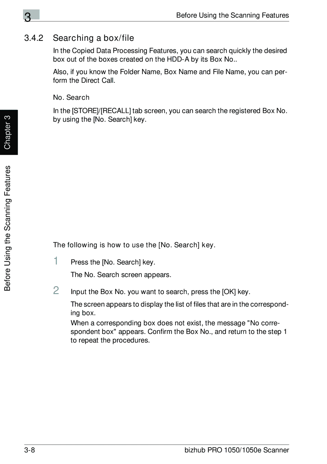 Konica Minolta 1050E appendix Searching a box/file, Following is how to use the No. Search key 