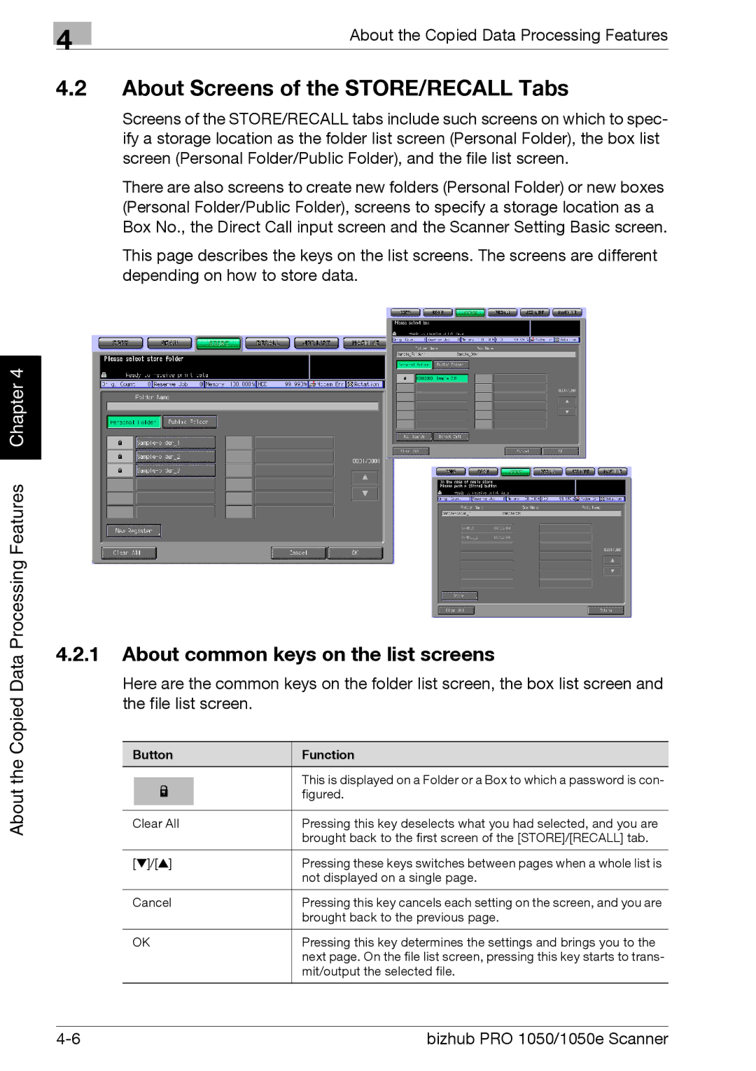 Konica Minolta 1050E appendix About Screens of the STORE/RECALL Tabs, About common keys on the list screens 