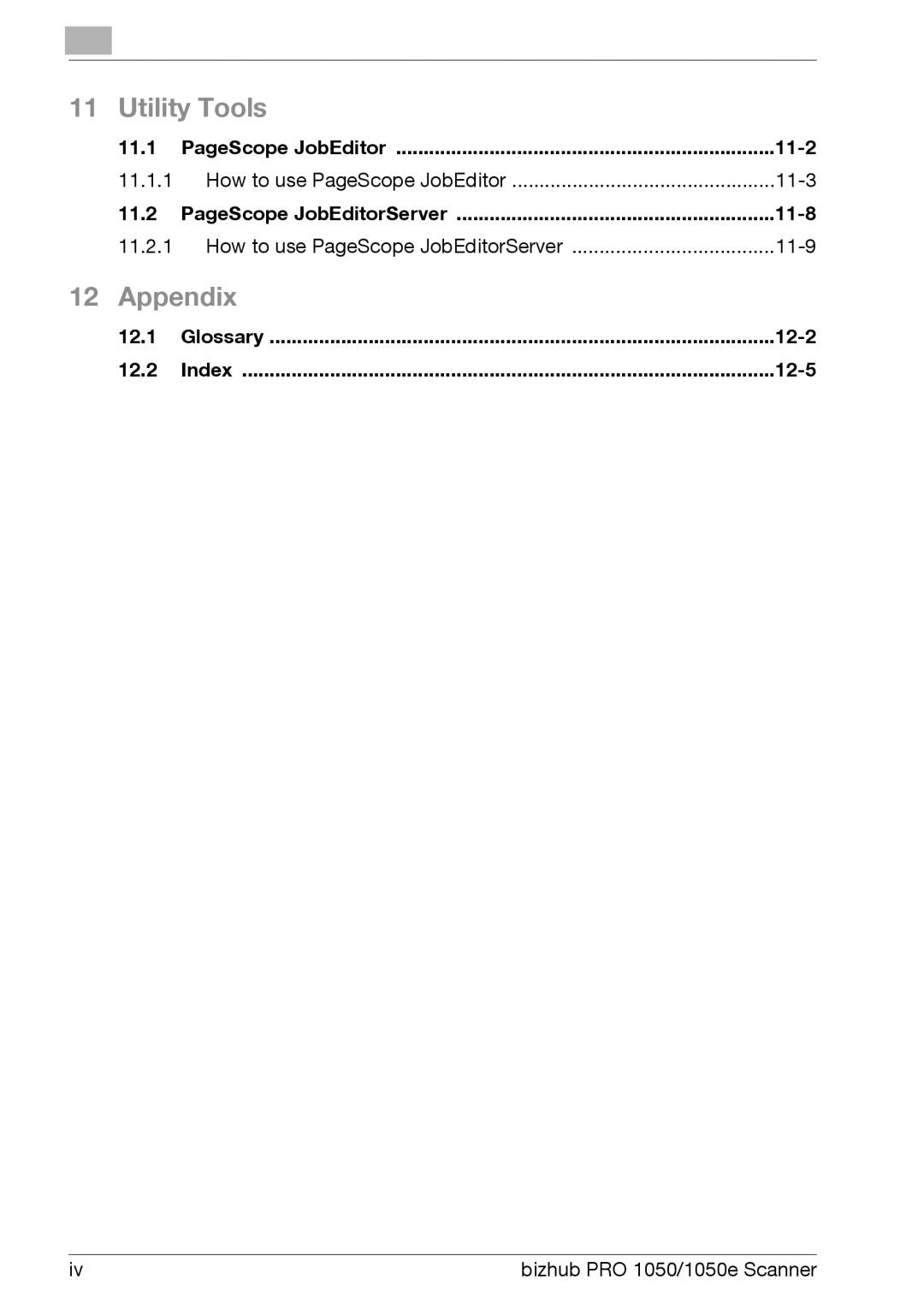 Konica Minolta 1050E appendix Glossary 12-2, Index 12-5 