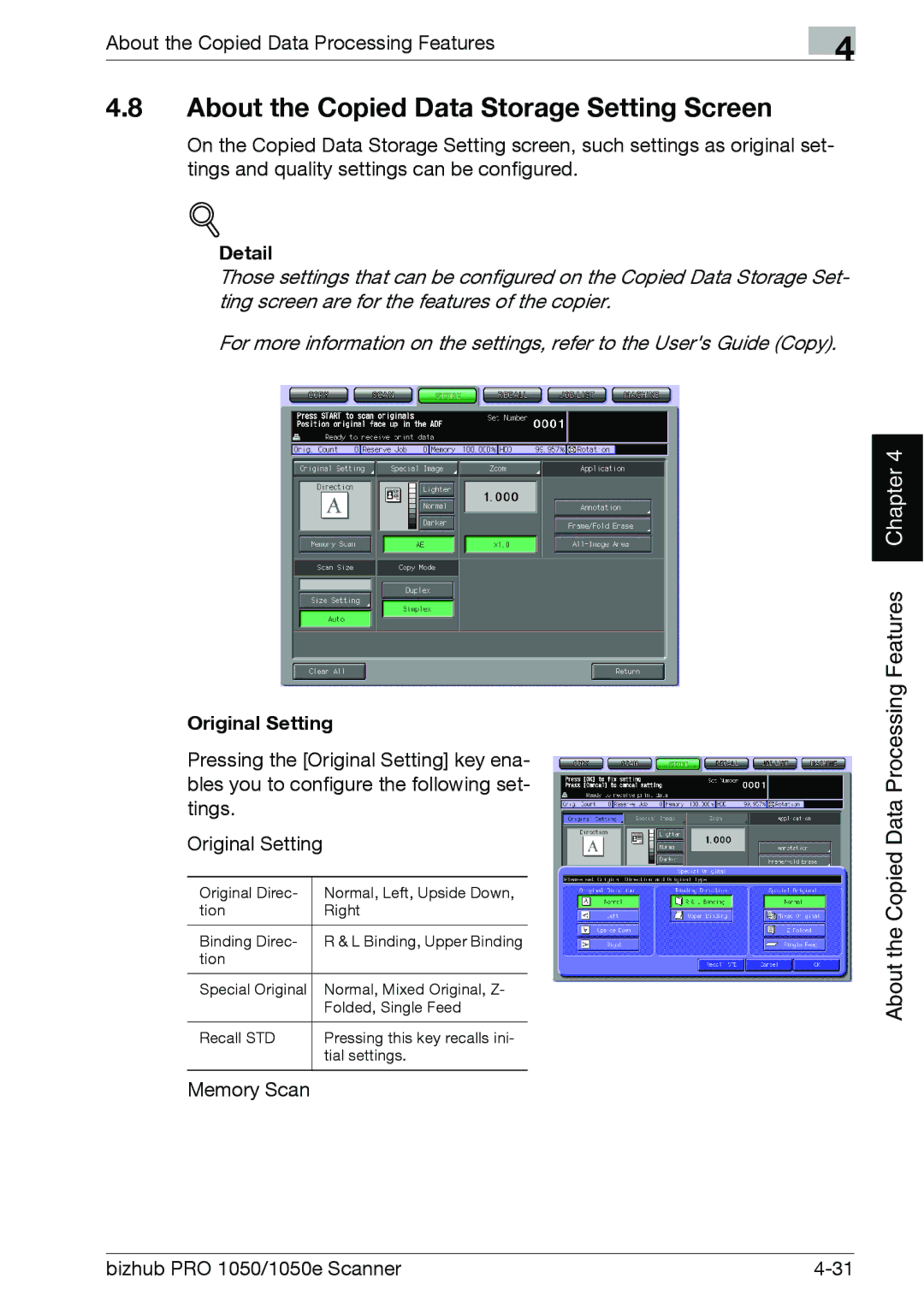 Konica Minolta 1050E appendix About the Copied Data Storage Setting Screen, Original Setting 