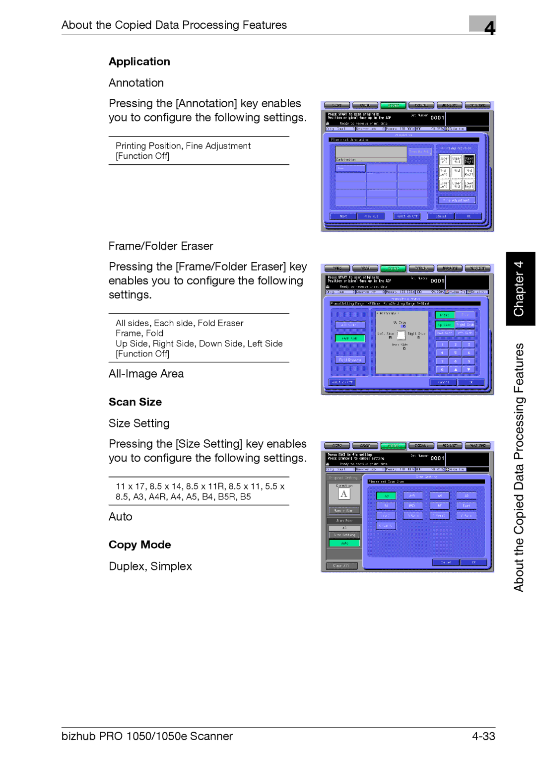 Konica Minolta 1050E appendix Application, Scan Size, Copy Mode 