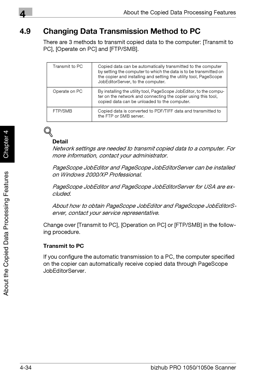 Konica Minolta 1050E appendix Changing Data Transmission Method to PC, Transmit to PC 