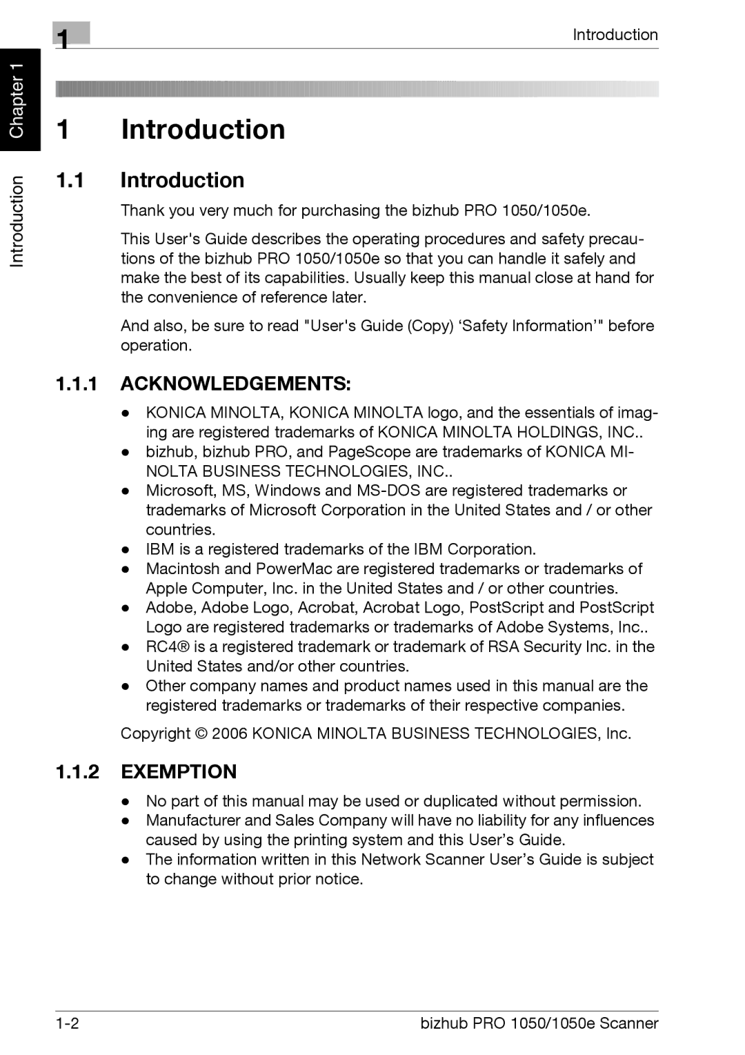 Konica Minolta 1050E appendix Introduction, Acknowledgements 