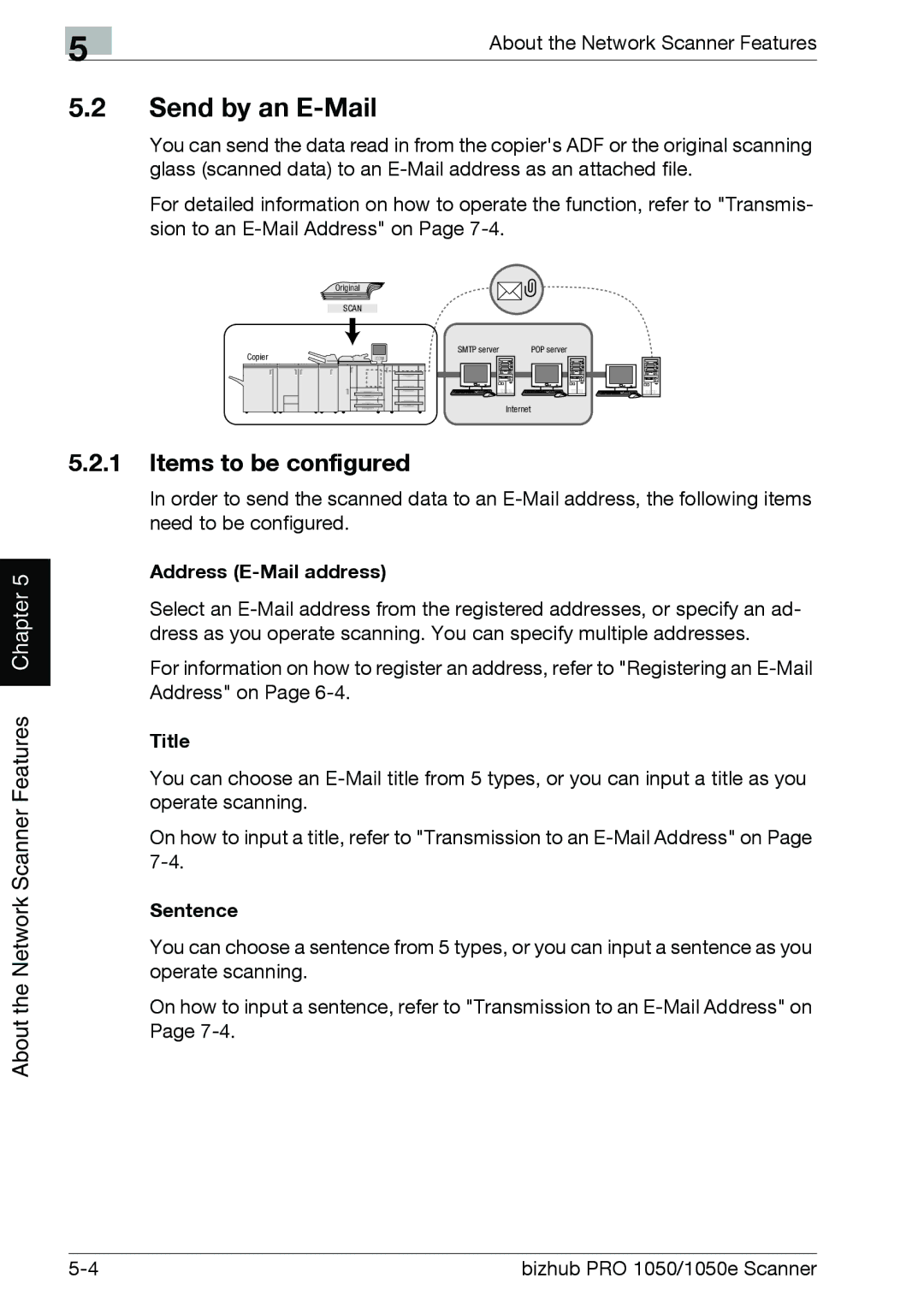 Konica Minolta 1050E appendix Send by an E-Mail, Items to be configured, Address E-Mail address, Title, Sentence 