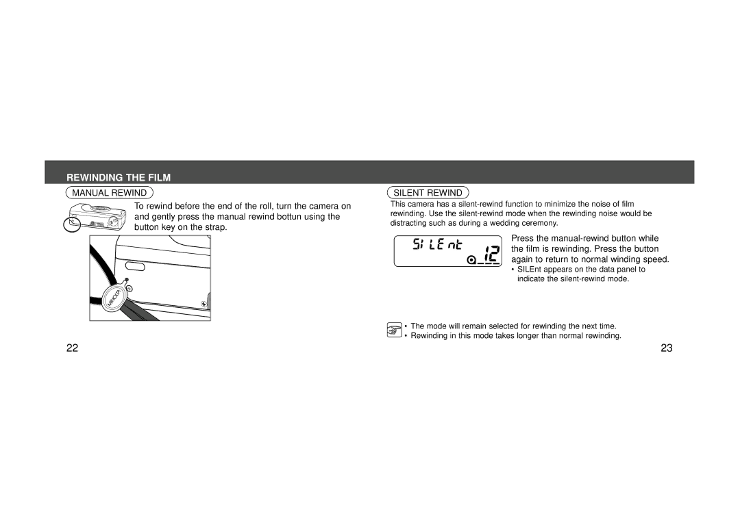 Konica Minolta 115 instruction manual Rewinding the Film, Manual Rewind 