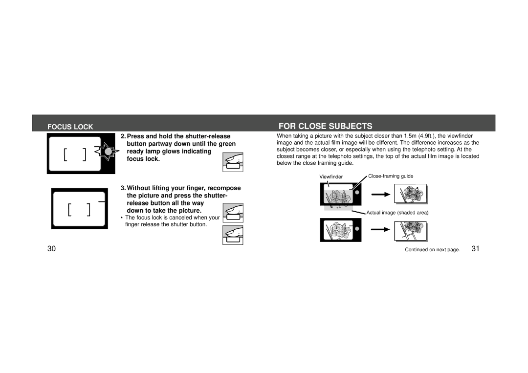 Konica Minolta 115 instruction manual For Close Subjects, Focus Lock 